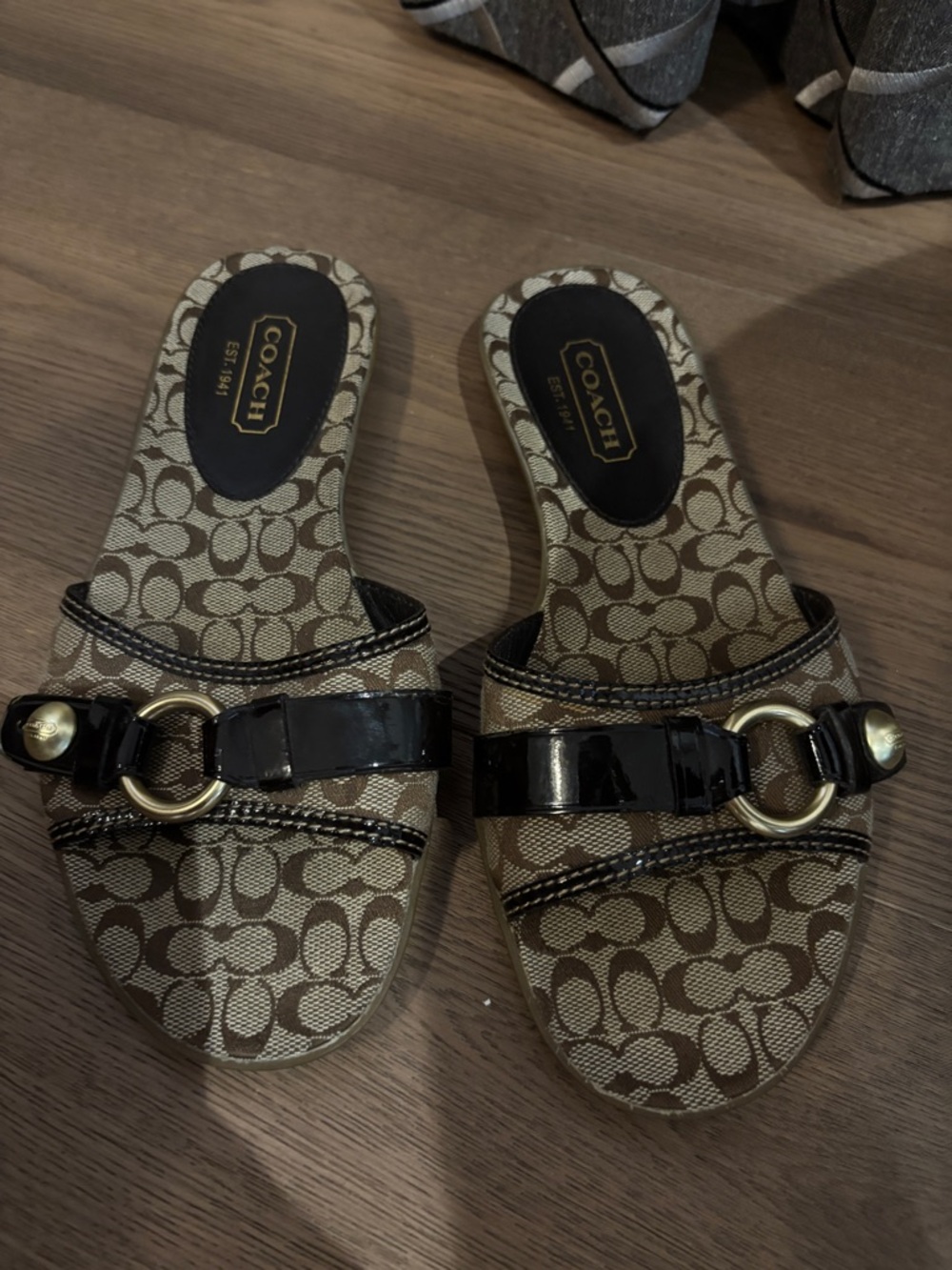 Coach Brown Signature Monogram Slide Mules with Black Patent Strap